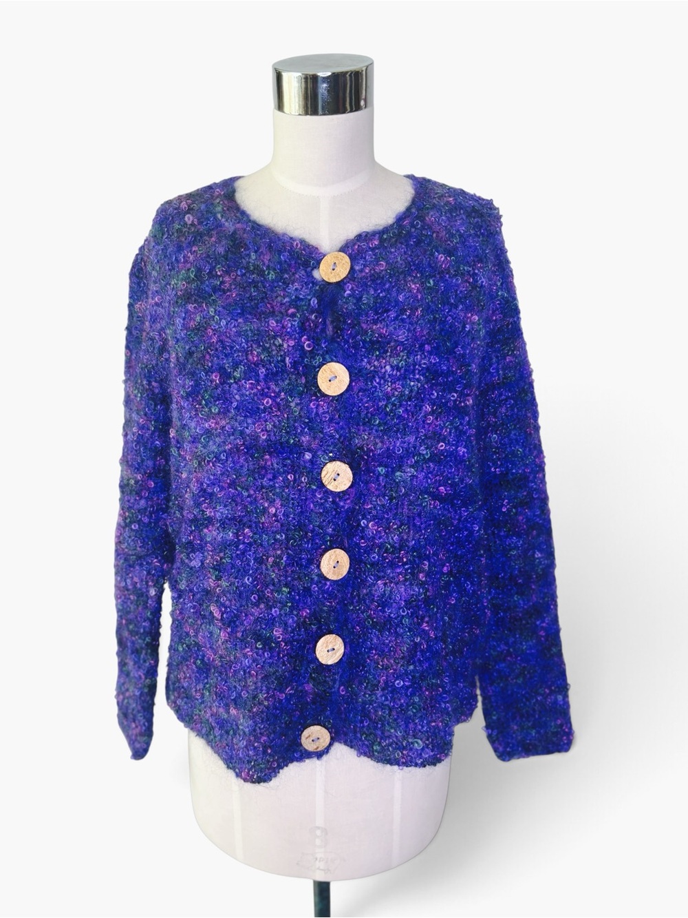 Hand Loomed Purple Bouclé mohair Yarn Button-Front Women’s Sweater